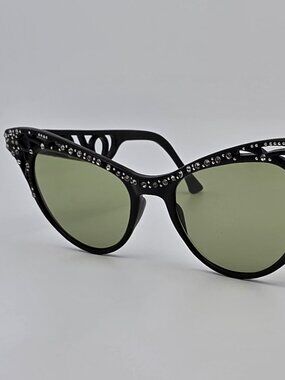 1950’s Black Rhinestone Frame G-15 Green Glass Lens Vintage Cat Eye Sunglasses
